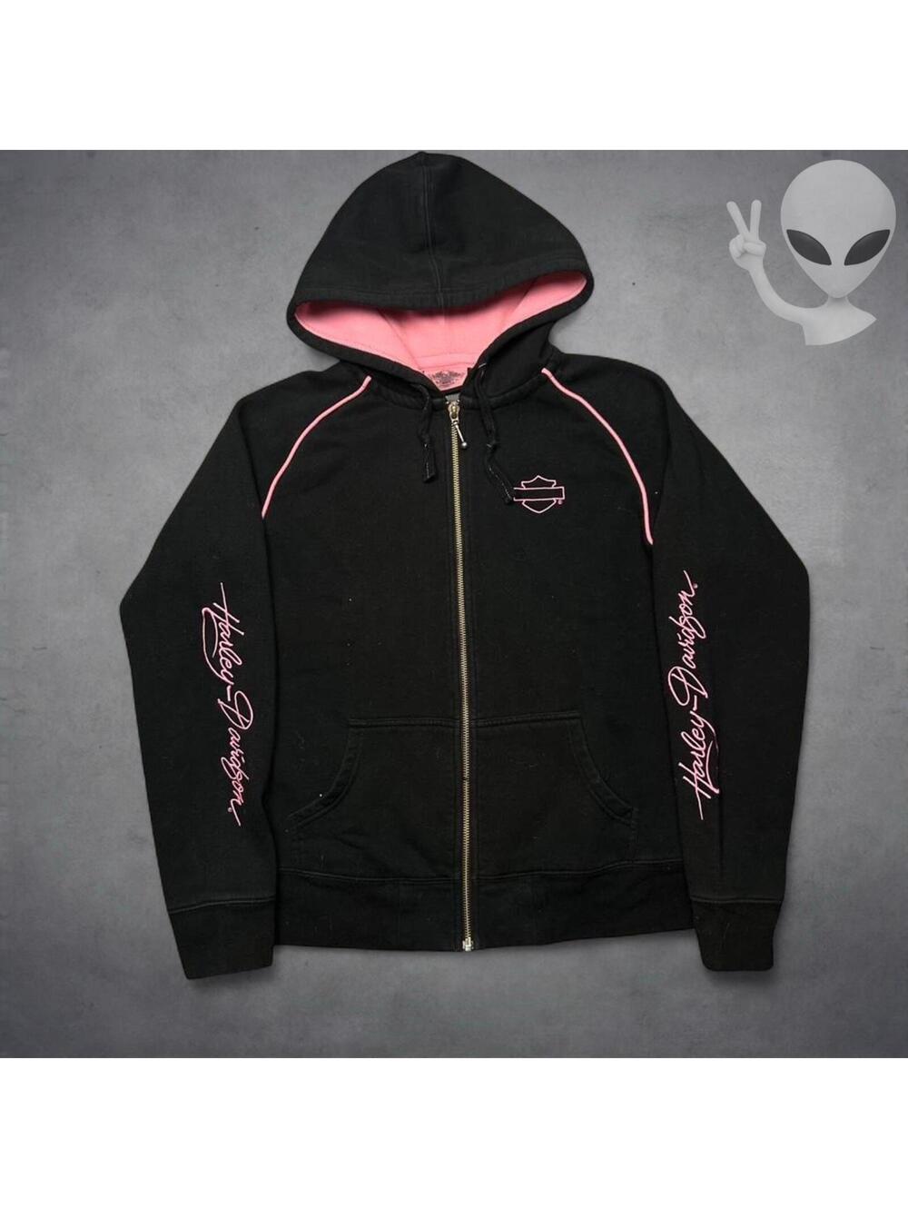 Harley Davidson Black Pink Embroidery Bar Shield Full Zip Hoodie Womens M Script